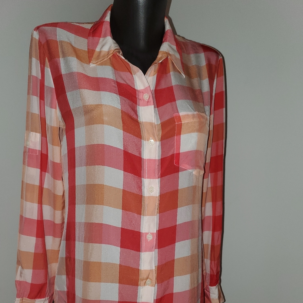 Plaid Silk Button down blouse, XS, Broadway & Bloom